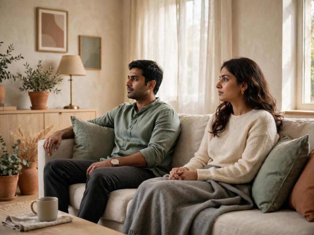 Couple sitting quietly after a difficult conversation.